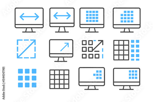 Digital interface icons: blue screen navigation symbols on black background