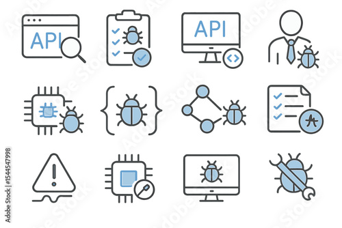 Software debugging icons with computer and bug symbols in modern style