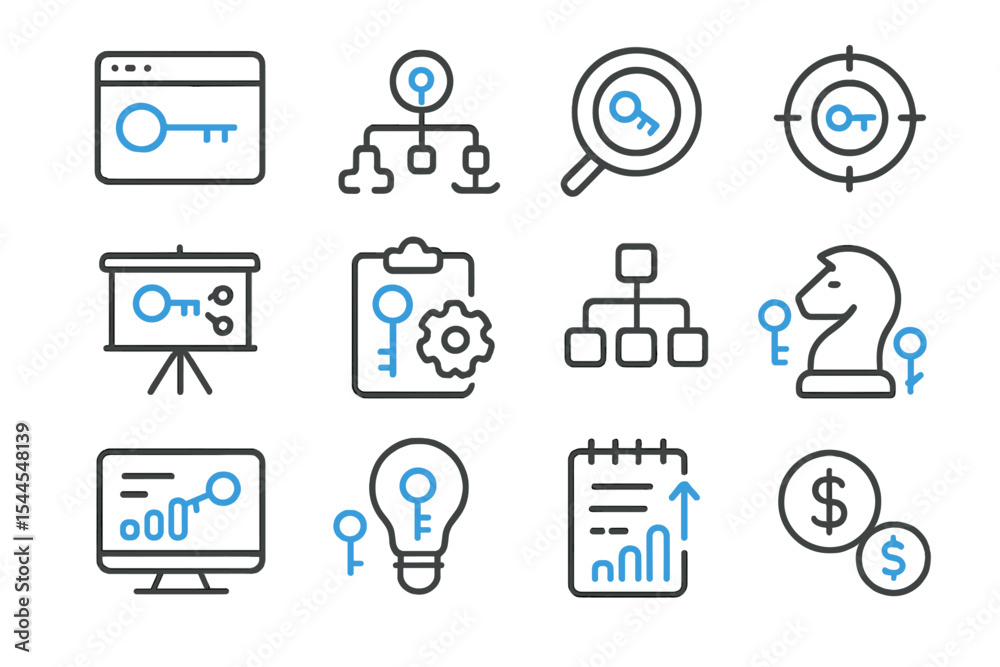 Data analysis and strategy icons with key symbols and graphs Data analysis and strategy icons with key symbols and graphs