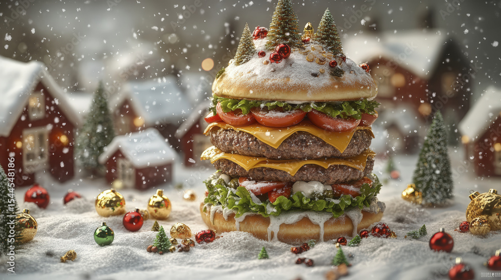 Naklejka premium Gigantic double cheeseburger with festive ornaments sits in snowy village landscape during a winter snowfall