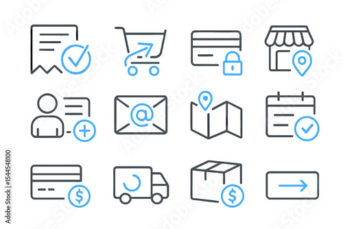 Digital e-commerce icons collection with shopping, payment, and navigation symbols
