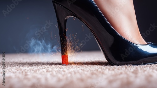 High heels with red dynamite at its tip emitting smoke and sparks. A woman's leg in black shoes. Heel on a carpet. Stiletto