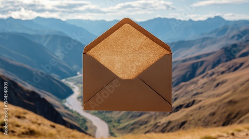 Correspondence. Brown paper dispatch. An open brown envelope floating over the mountainous landscape. Mail. Read message. Concept of mail delivery in distant corners