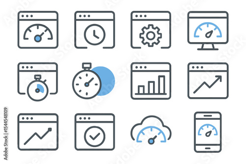 Digital interface icons: speed, analytics, optimization, and performance tools