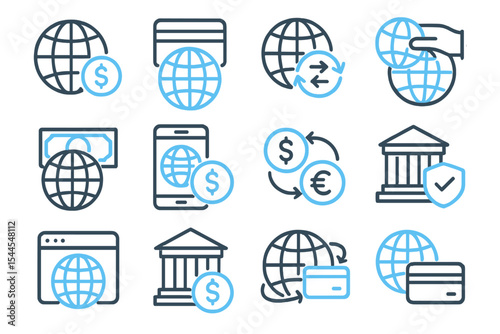 Blue neon financial icons featuring banking and currency exchange symbols
