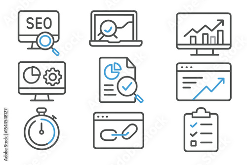 Seo and analytics icons on dark grey background with blue highlights