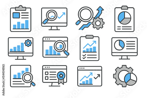 Charts and analytics icons with magnifying glass and gears on dark background