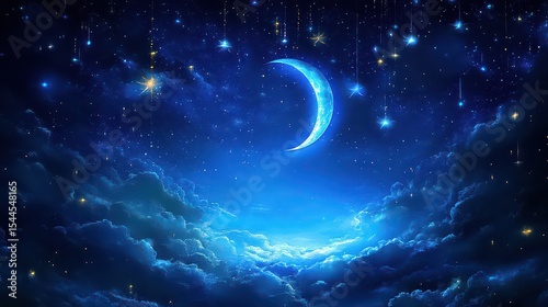 A crescent moon shining brightly in a night sky filled with stars and wispy clouds below it all