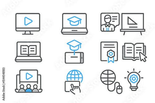 Digital learning icons: graduation, online classes, education tools, smart learning