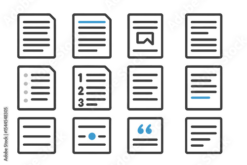Digital document icons set with highlighted elements on dark background