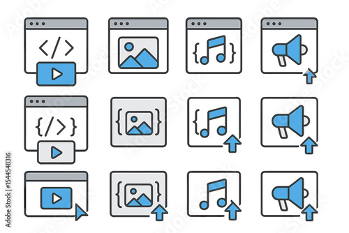 Web interface icons for media, coding, images, music, and audio