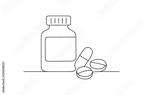 Medicine bottle with pills continuous one line drawing minimalism design