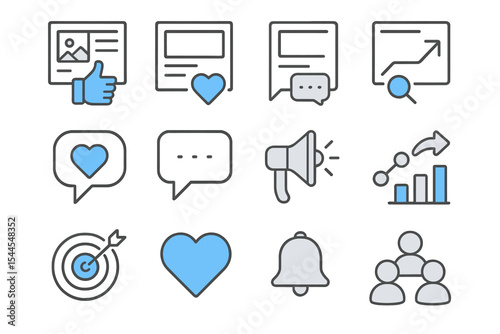 Blue and gray social media icons on dark background