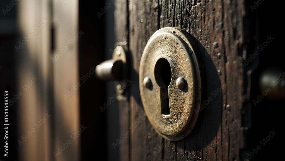 Old brass keyhole and latch on a weathered wooden door Old brass keyhole and latch on a weathered wooden door