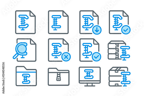Glowing blue document icons on dark background with magnifier and folder symbols