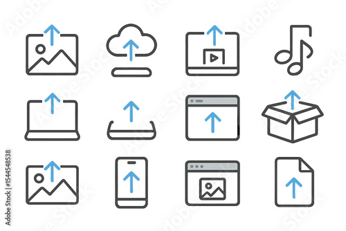 Digital upload icons: technology and media symbols on metallic background