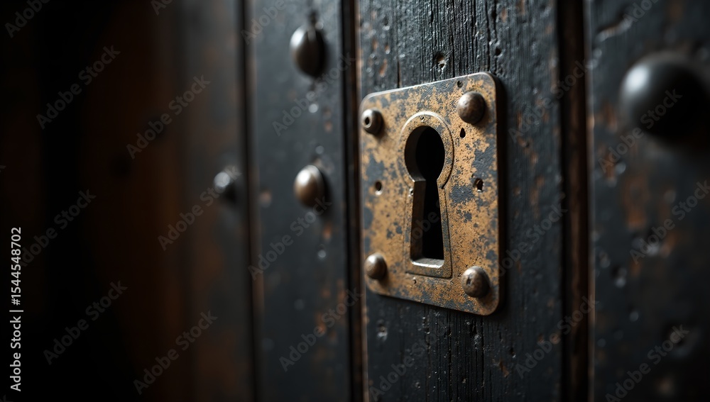 Fototapeta premium Old rusty keyhole on a dark weathered wooden door surface