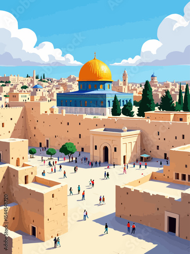 the Temple Mount in Jerusalem, showcasing the Dome of the Rock and surrounding historical buildings
