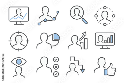 Business analytics and data visualization icons on gray background