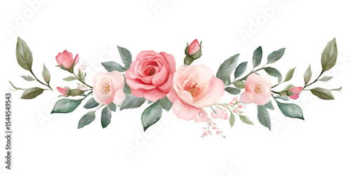 Watercolor floral border with pink roses and green leaves on transparent background vector