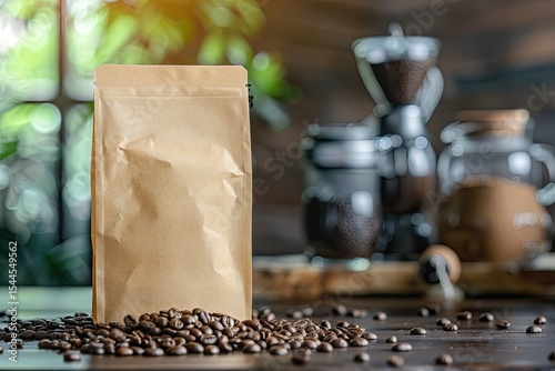 Flawless Visual of Mockup of a Paper Bag on a Table with Coffee Beans Coffee Advertising