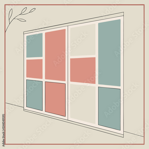 Minimalist wardrobe closet with sliding doors in pastel colors and hand drawn style