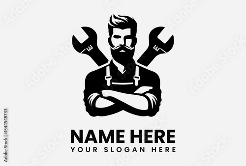 A stylized illustration of a mechanic with crossed arms and wrenches.