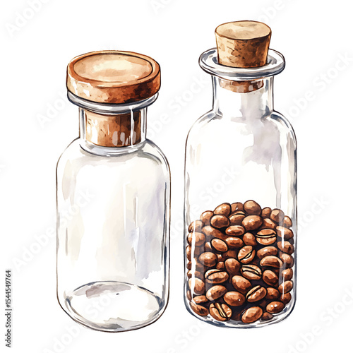 Watercolor illustration featuring glass bottles with cork stoppers and coffee beans on transparent background vector