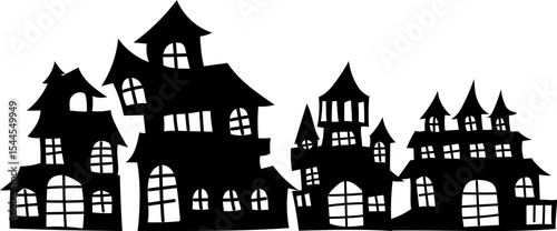 Silhouette haunted town with various haunted buildings