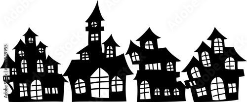Halloween haunted street scene in flat silhouette style