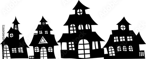Silhouette of dark Halloween town with creepy homes