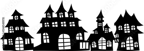 Scary silhouette of haunted village with detailed rooftops