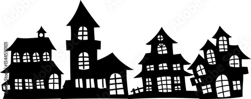 Spooky Halloween silhouette of village homes and mansions