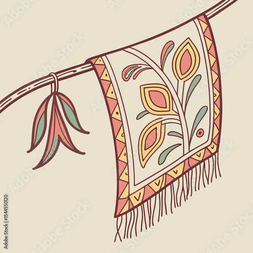Decorative floral rug hanging with ethnic ornaments in pastel colors illustration
