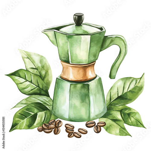 Watercolor illustration of green moka pot coffee maker with coffee beans and green leaves on transparent background vector
