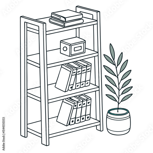 Minimalist bookshelf with books office box and potted plant illustration