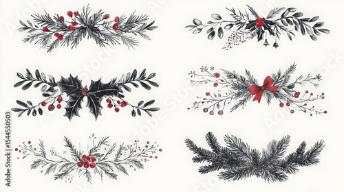 Hand drawn Christmas foliage with red berries creates charming festive decorations and ornamentations