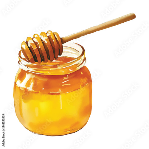 Watercolor illustration of honey jar with honey dipper on transparent background vector illustration