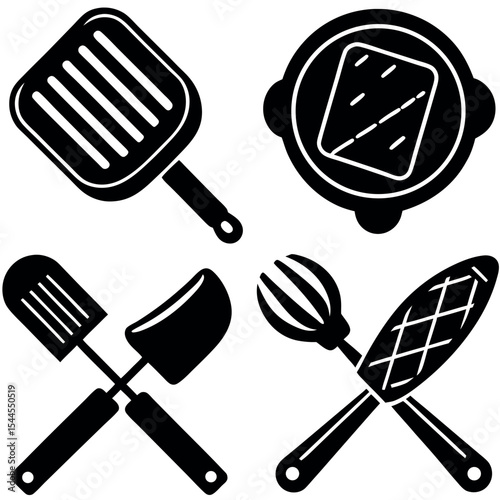 Grilling utensils icons set isolated on white background