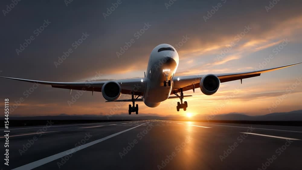 Dramatic Airplane Takeoff at Sunset: Commercial Aviation and Travel Industry Dramatic Airplane Takeoff at Sunset: Commercial Aviation and Travel Industry