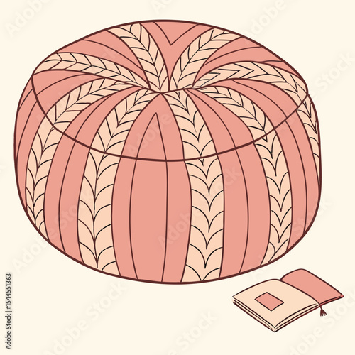 Pink knitted pouf illustration with a book for cozy home decor