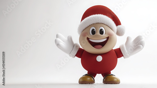 Joyful character wearing Santa hat smiles warmly with open arms on a bright, clean backdrop