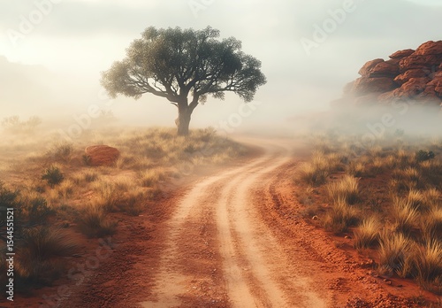 Lone tree on a misty path in a serene landscape.