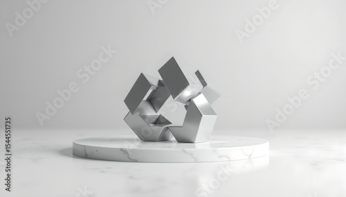 Modern abstract geometric sculpture on white marble podium
