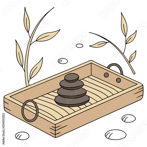 Zen stone balancing art with bamboo in a wooden tray illustration