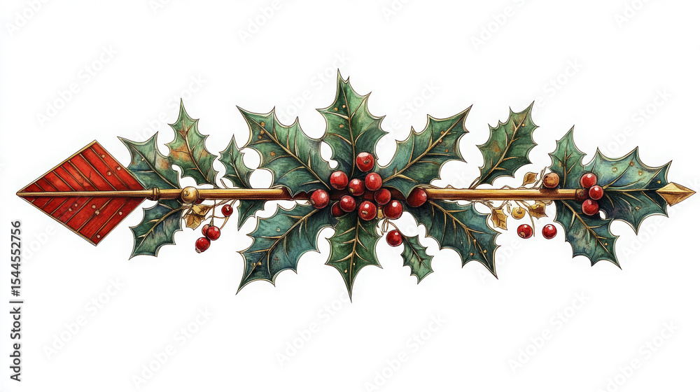 Fototapeta premium Ornate arrow made of wood features holly leaves and berries in an elegant manner