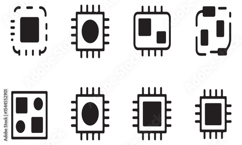 Eight microchip icons set black and white