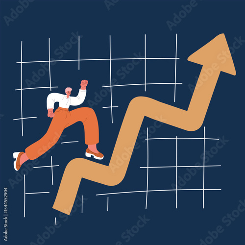 Cartoon vector illustration of a businesswoman climbing a challenging upward graph, symbolizing perseverance, resilience, and personal growth