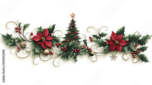 Poinsettias and Holly with Christmas Tree create a festive ornamental border arrangement on white