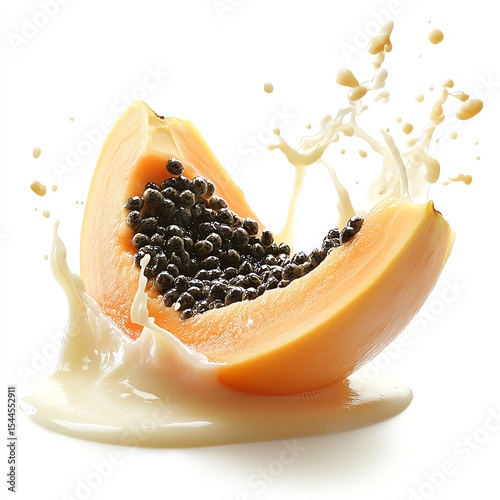 Juicy fruit splash with black seeds and creamy liquid.